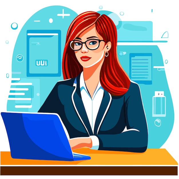 Vector girl works on the office desk hand drawn flat stylish cartoon sticker icon concept isolated