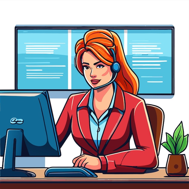 Girl works on the office desk hand drawn flat stylish cartoon sticker icon concept isolated