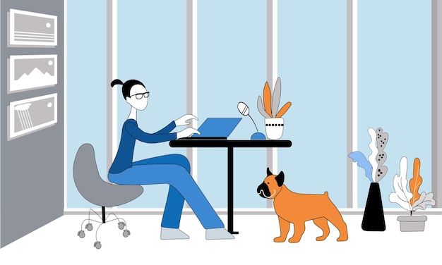 Vector the girl works online at a laptop next to a french bulldog petfriendly place for animal lovers pets are welcome wellbehaved pet with his owner socializing with pets in public areas