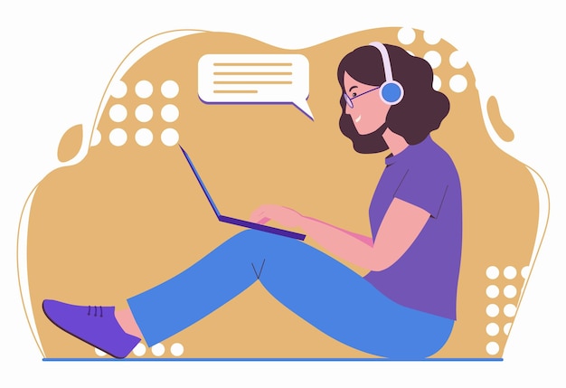 Girl works with a laptop. Freelancer woman is listening to music. Remote work, freelance.