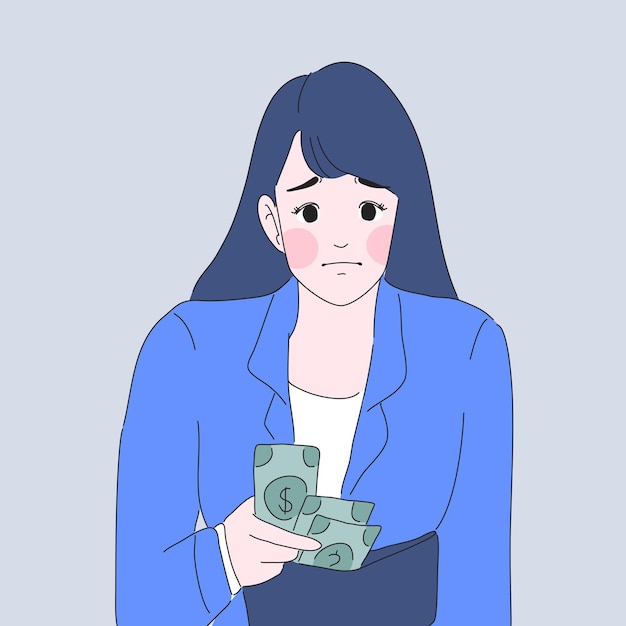Vettore la ragazza si preoccupa per l'illustrazione del portafoglio di soldi
