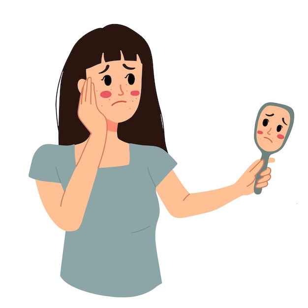 Vector girl worry acne problem sad mirroring sad illustration