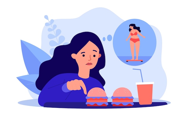 Ragazza preoccupata per il suo aspetto, mangiando fast food. illustrazione vettoriale piatto. cartoon donna guardando hamburger e soda, pensando di essere in sovrappeso. dieta, salute, concetto di cibo spazzatura