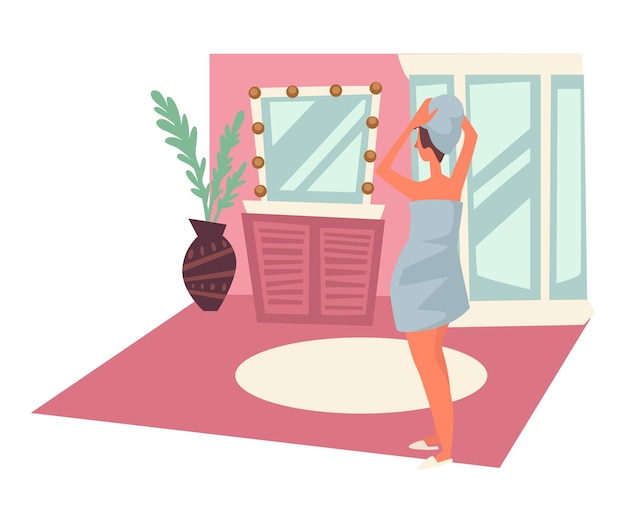 Girl wrapped in towel after shower or bath, bathroom interior vector. Morning routine and hygiene, female character in slippers. Woman getting ready, daily routine, mirror and sink, indoor plant