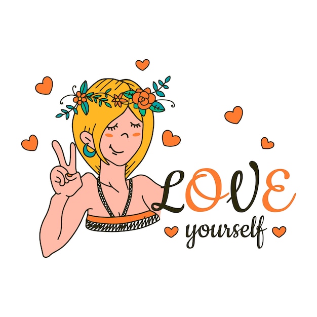 Vector girl in a wreath with lettering