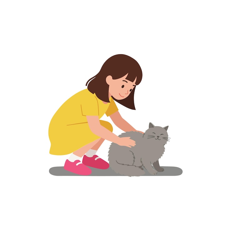 Vector girl in yellow dress petting a gray cat in flat vector art