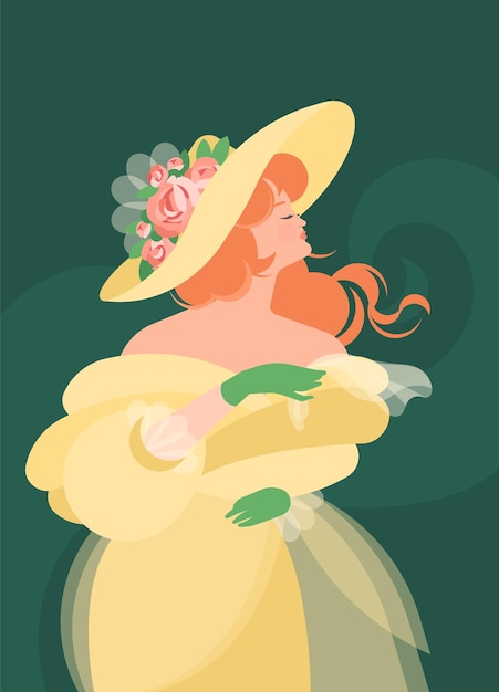 A girl in a yellow fluffy dress of the 18-19th century stands and holds a scarf in green gloves. red hair develops in the wind. colorful  illustration in flat cartoon style.