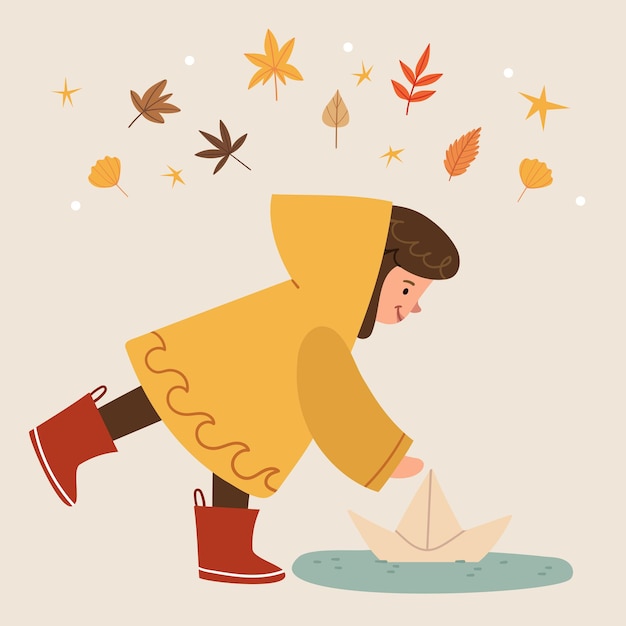 Vector the girl in a yellow raincoat and red boots launches a paper boat a puddle after a rain