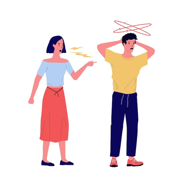 Vector girl yells at boy young couple quarrels angry woman screams at boyfriend stressed man ignores girlfriend communication problem divorce and relationship conflict vector aggressive conversation