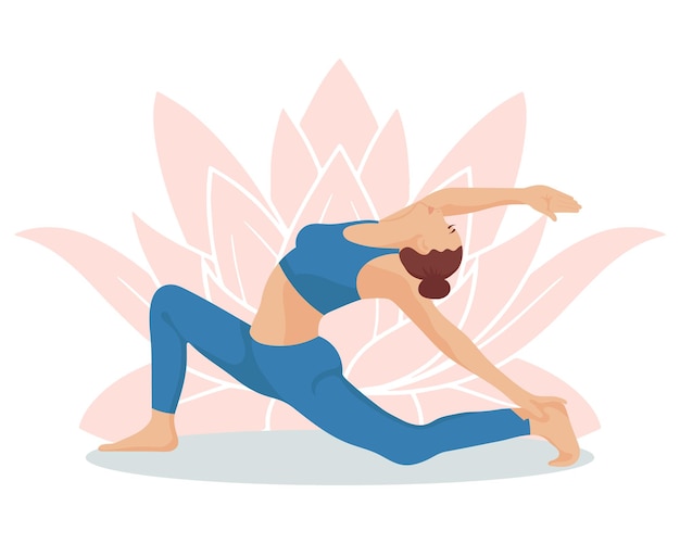 Ragazza in una posa yoga sullo sfondo di un loto, meditazione. concetto di stile di vita. illustrazione