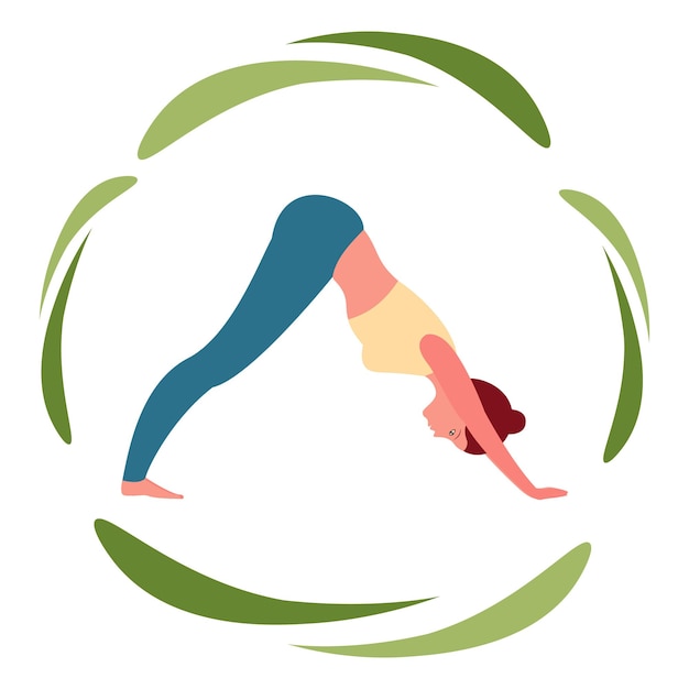 Girl in yoga pose dog face down on a natural green background Flat vector