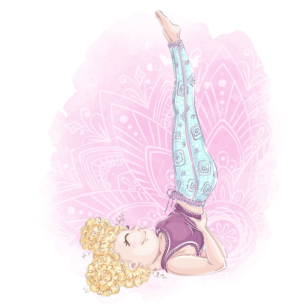 Vector girl in a yoga pose. exercise and body care. watercolor textural background and sketch style.