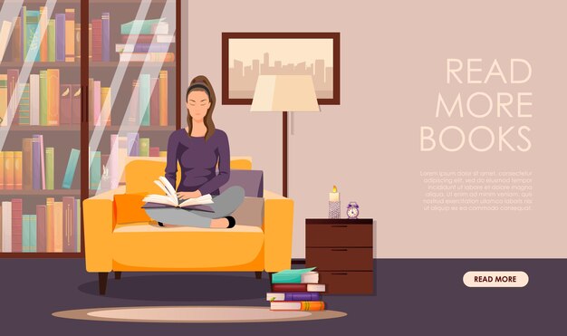 Vector girl young woman enjoy reading book literature textbook in room indoor female sit in lotus position on sofa turn page look text picture online library concept app service vector illustration