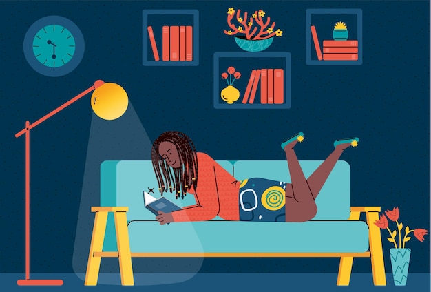 Vector girl or young woman relaxing and reading book at home flat