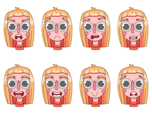 Vector girl, young women, portrait. different emotions on the face fear, joy, anger, bewilderment, sadness, surprise.