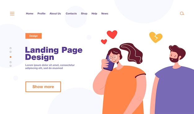 girlfriend talking on phone and jealous boyfriend. heartbroken male character, woman smiling flat  illustration. jealousy, relationship concept , website design or landing web page