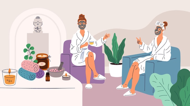 Girlfriends relax in spa Women take skin care People make cosmetic mask Friends drinking herbal tea and having friendly conversation Girls resting in armchairs Garish vector concept