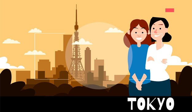 Girlfriends standing are photographed against the background of Tokyo. Travel Illustration in the style of photography.