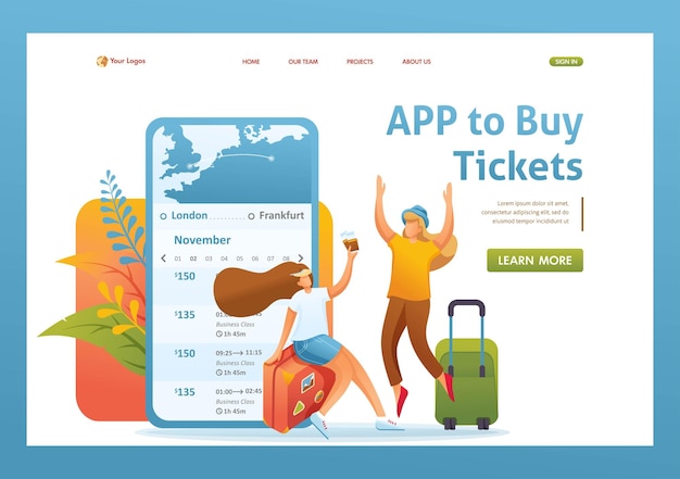 Girlfriends tourists bought tickets through a mobile application Flat 2D character Landing page concepts and web design