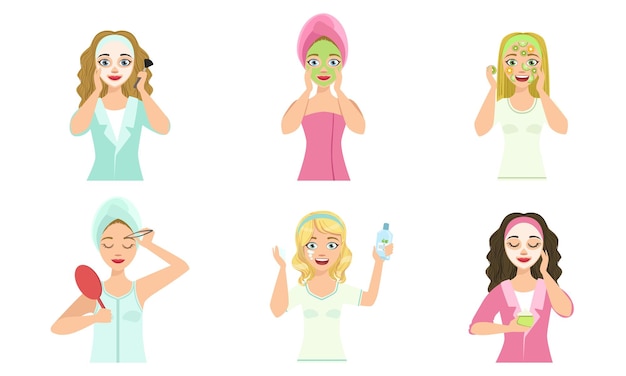 Girls applying different facial masks for skin care and treatment set young woman cleaning and