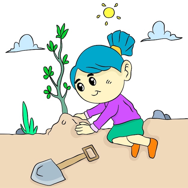 Girls are planting. cartoon illustration cute sticker