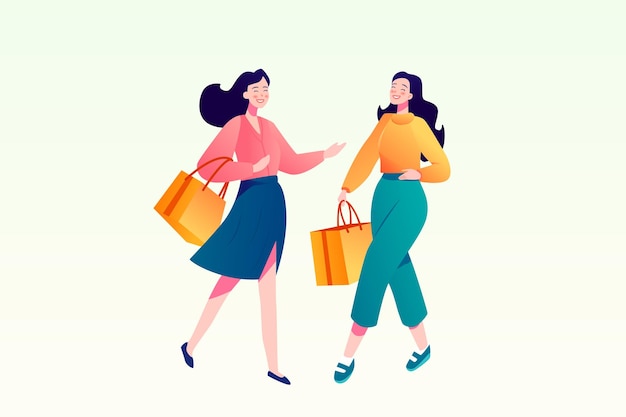 Girls are shopping with houses and plants in the background vector illustration