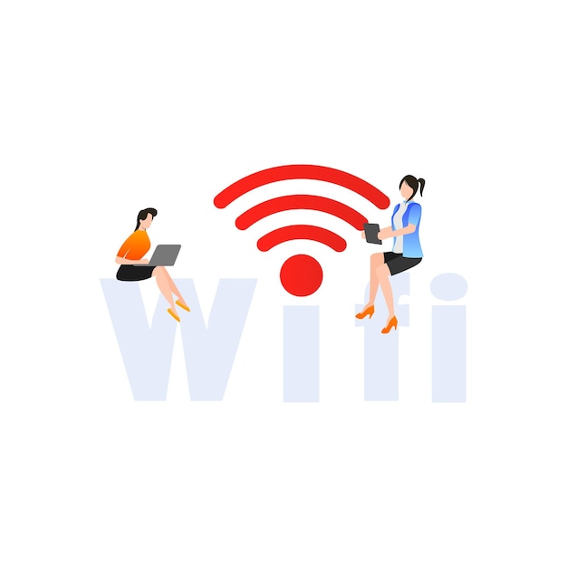 女の子はラップトップで WIFI を使用しています