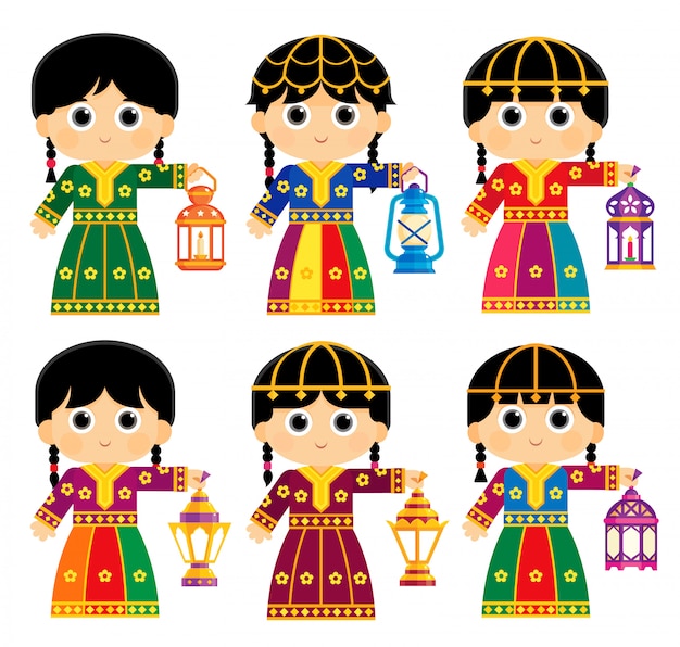 Vector girls are wearing an old traditional clothes in some arab gulf countries and carrying ramadan lanterns