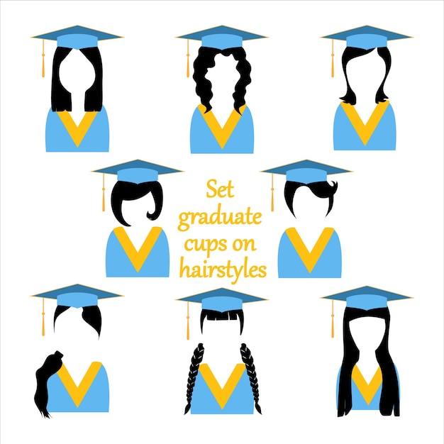 Avatar di ragazze con capelli neri e set di abiti per la laurea cappucci e mantelli per studenti accademici vettoriali
