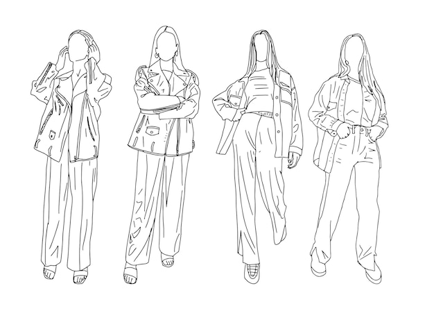 Girls biker jackets. linear style. vector illustration