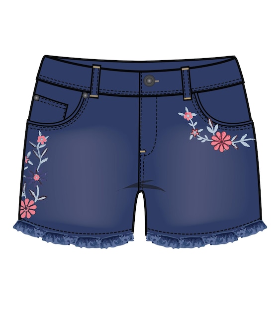 Vettore girls bottom wear denim jeans shorts with embroidery detail vector illustration l'illustrazione è stata realizzata in collaborazione con l'azienda.