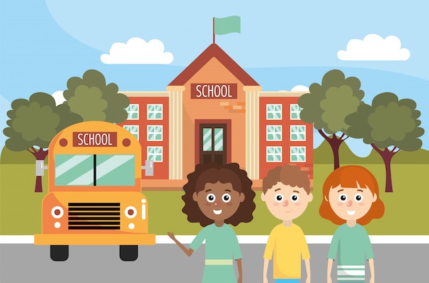 バスと学校の女の子と男の子の子供たち