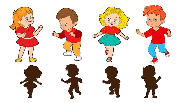 Vector girls and boys jump around playing hopscotch guess the shadow game silhouettes of jumping children