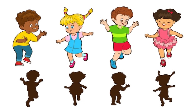 Vector girls and boys jump around playing hopscotch guess the shadow game silhouettes of jumping children