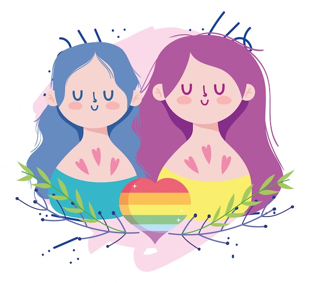 Cartoni animati di ragazze con disegno di vettore di cuore e foglie di lgtbi