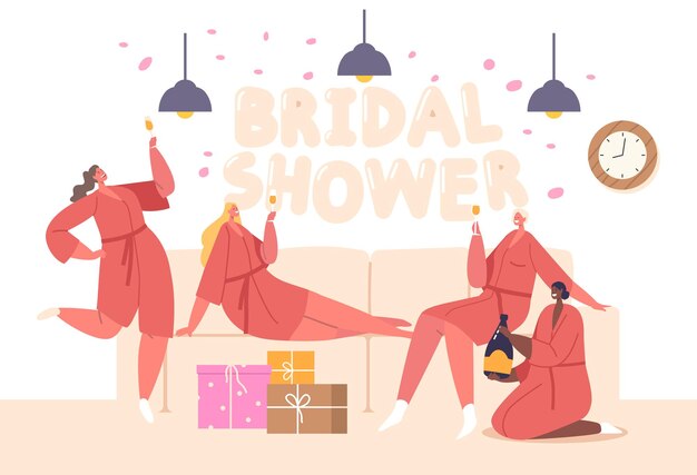 Vector girls characters joyously celebrate a bridal shower showering the bridetobe with love gifts and well wishes as she prepares for her upcoming wedding day cartoon people vector illustration