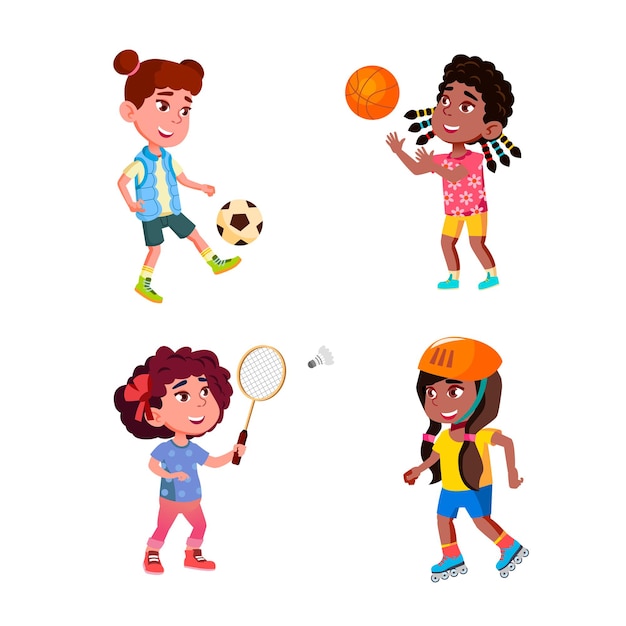 Ragazze bambini che giocano gioco sportivo set vettoriale. ragazze sportive da donna che allenano esercizi di calcio e basket, giocano a badminton e vanno a pattini a rotelle. personaggi piatto cartoon illustrazioni