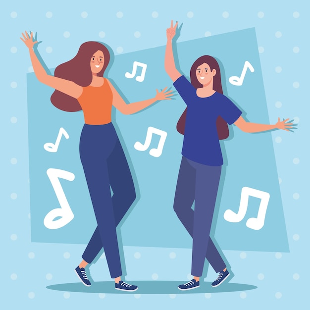 girls dancing and music notes