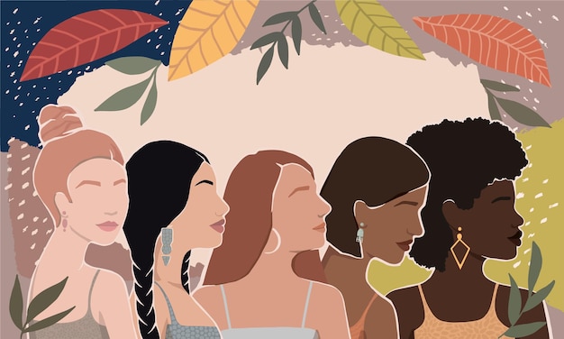 Girls of different races together on an abstract background with leaves modern flat iliustration