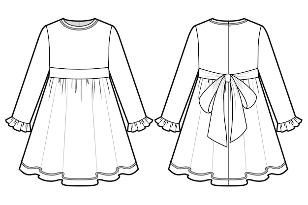 긴팔 패션 테크니컬 드로우가 있는 소녀들의 드레스