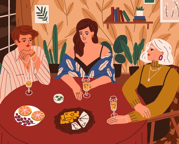 ベクトル シャンパンを飲み、軽食を食べ、テーブルに座る女の子。若い女性の友人が自宅でアルコールを飲みながらパーティーをします。夕方に集まるガールフレンド。女性の友情の概念。フラットのベクトル図