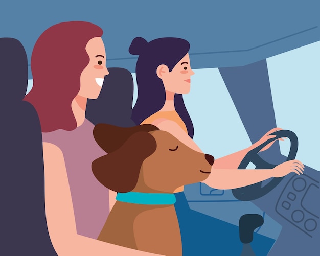 Vector girls driving car with dog