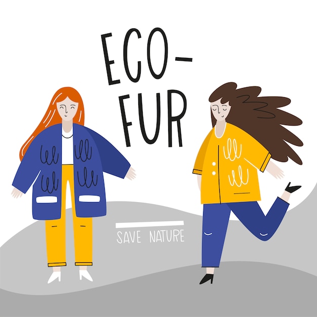 Girls in eco-fur coats. Modern vector illustration. The concept of nature conservation. Flat style