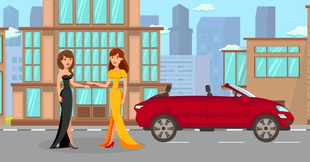 Vector girls in elegant gowns with car cartoon characters