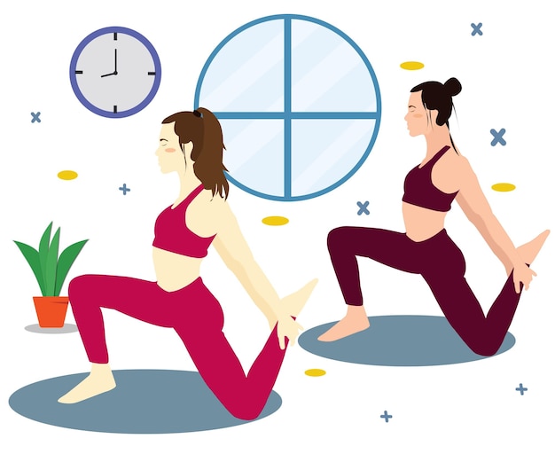 Girls exercise by tilting head in meditation fitness illustration in an abstract space