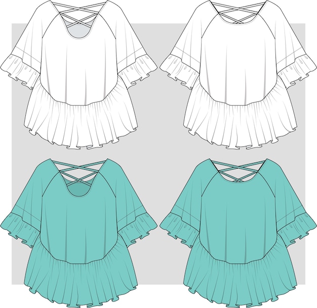 Girls fashion ruffles with criss cross neck top flat sketch