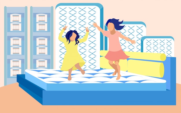 Vector girls fooling around on bed in mattresses store