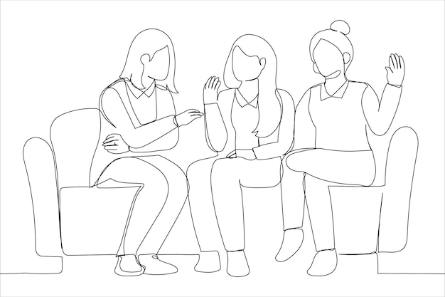 Vector girls friends laughing sit on sofa in cozy warm room chatting take break single line art style