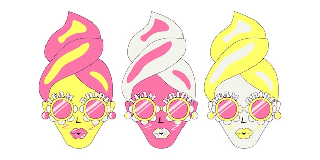 Девушки в очках и полотенцах на головах Временная наклейка или значок в стиле ретро Groovy Team Bride Bachelorette Party
