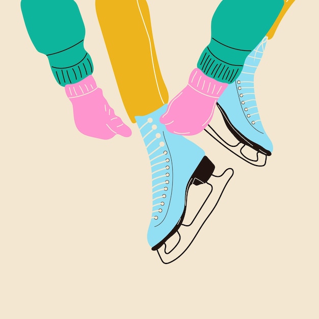 Vector girls in gloves puts on pair of colorful ice skates. modern vintage. vector illustration